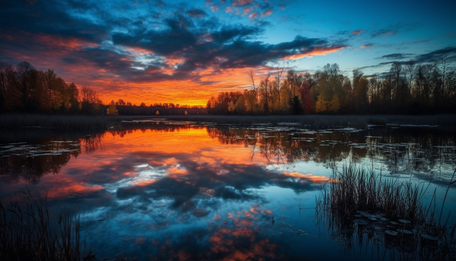 Vibrant sunset reflects on tranquil forest pond generated by artificial intelligence