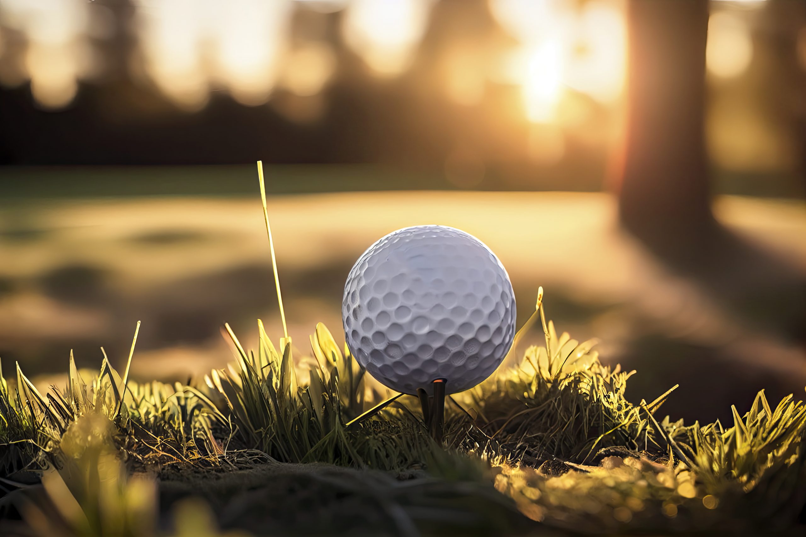 golf ball on tee in a beautiful golf course with morning sunshine.Ready for golf in the first short.Generative AI